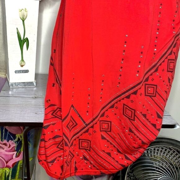 🌷OXYGEN🌷RED Rhinestone Beaded Short Sleeve Dress - Picture 4 of 13